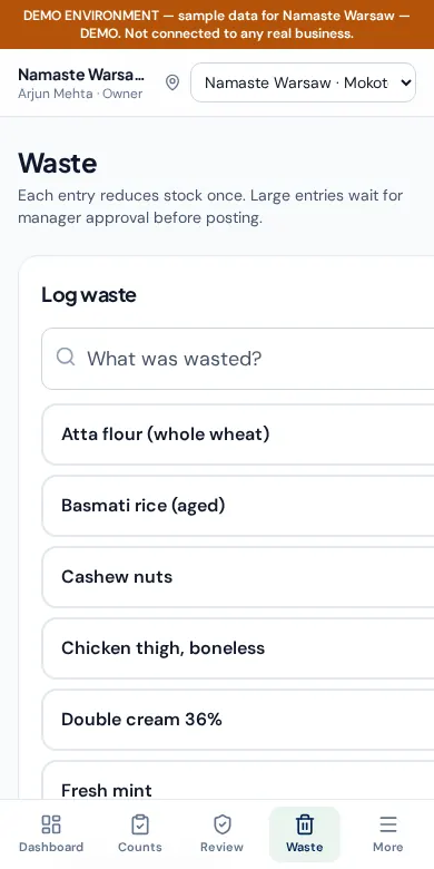 Waste logging screen on a phone