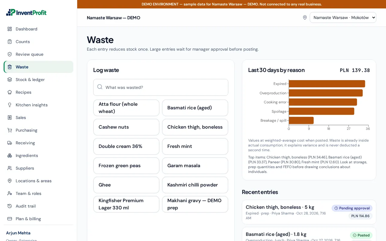 Waste log with reasons and costs